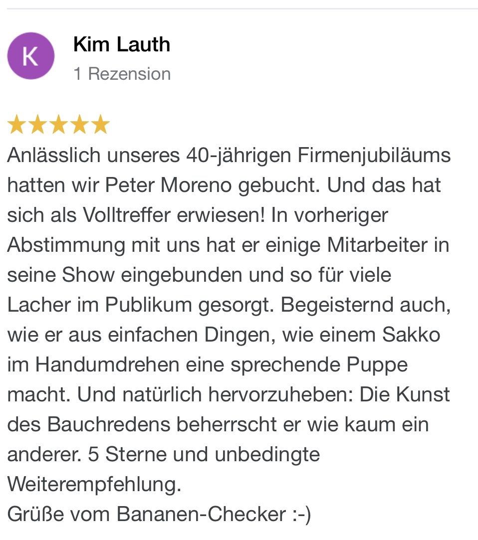 bauchredner moreno referenzen rezensionen, events, firmenfeier, weihnachtsfeier, bewertung,